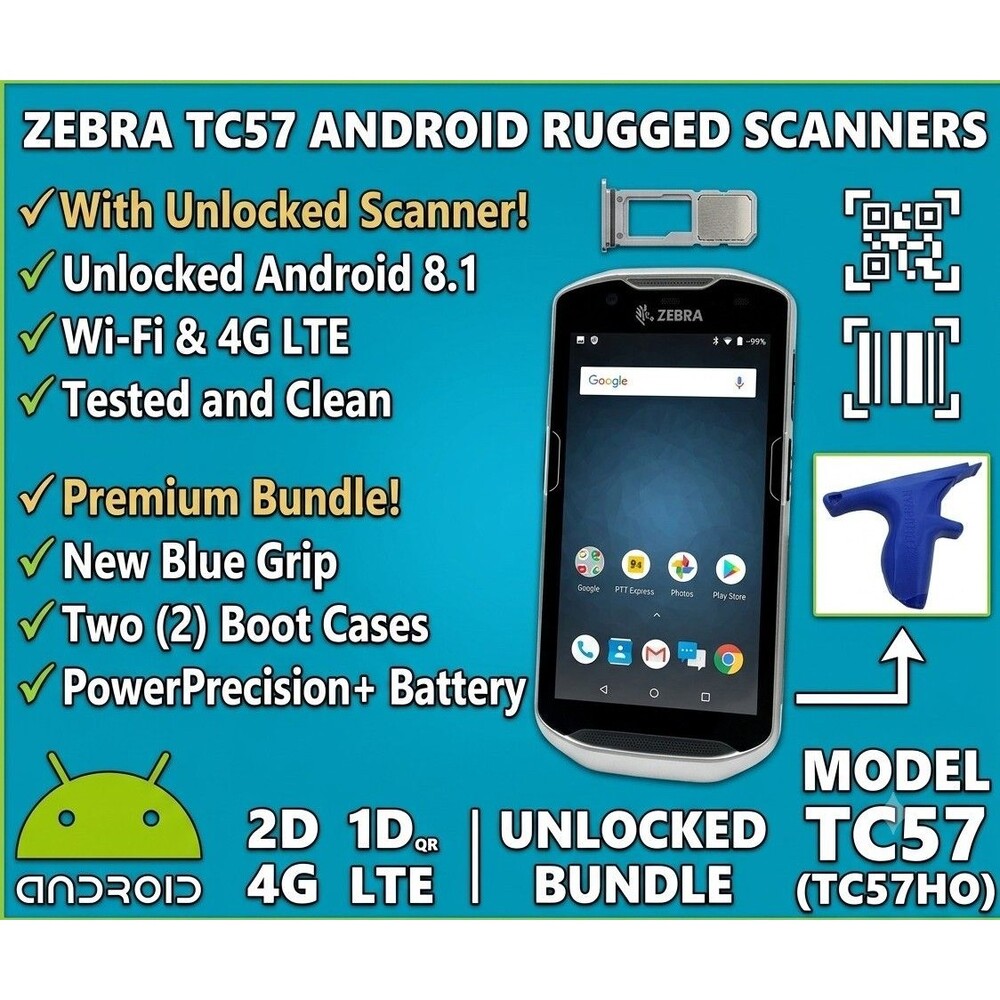Zebra TC57 Android Rugged Scanner UNLOCKED Bundle (4G LTE, Wi-Fi, 2D) - NEW GRIP
